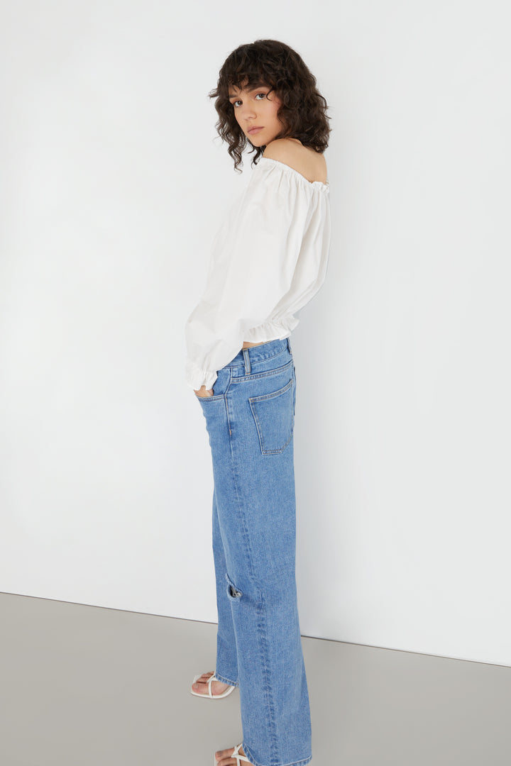 OFF SHOULDER RUFFLED TOP in White — alternate angle