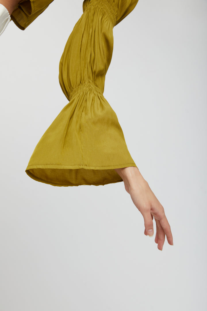 OFF THE SHOULDER GATHERED TOP in Amber Green — alternate angle
