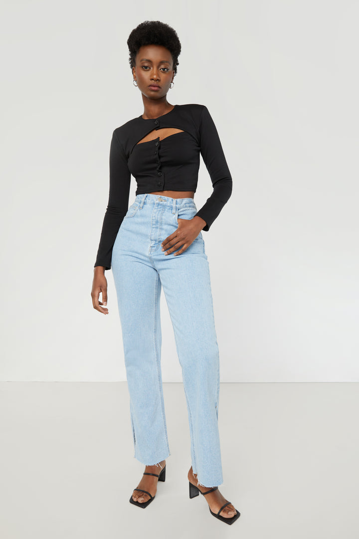 BUTTON UP CUT OUT TOP in Black — alternate angle