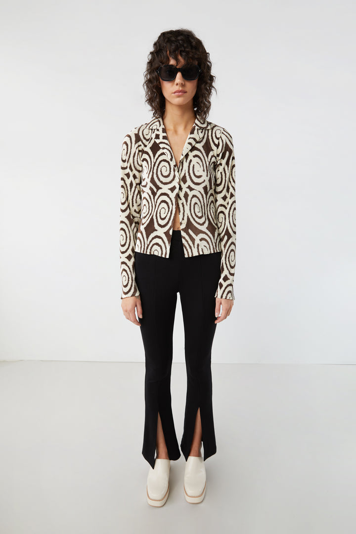 PLEATED PRINT BUTTON UP SHIRT in Brown — alternate angle