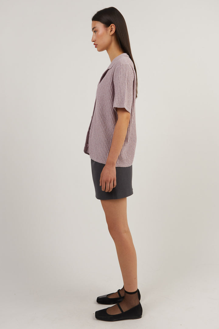 SHORT SLEEVE BUTTON UP CARDIGAN in Fair Orchid — alternate angle