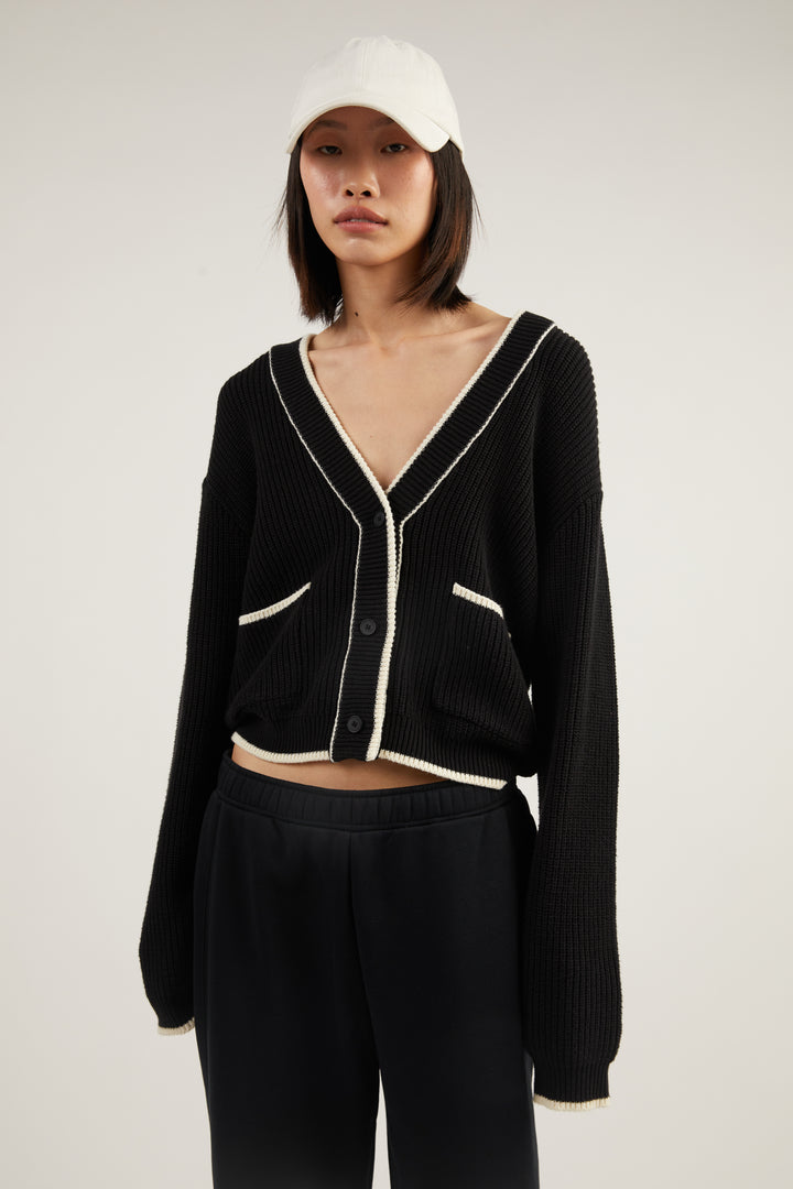 CONTRAST TRIM VARSITY CARDIGAN in Black Cream — alternate angle