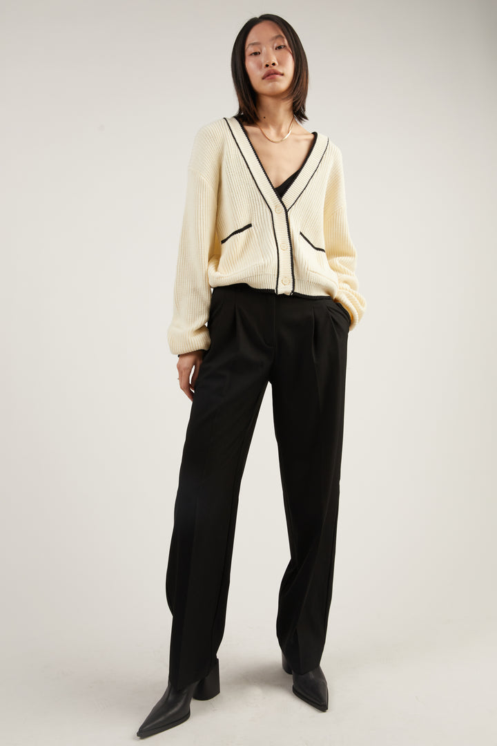 CONTRAST TRIM VARSITY CARDIGAN in Cream Black — alternate angle