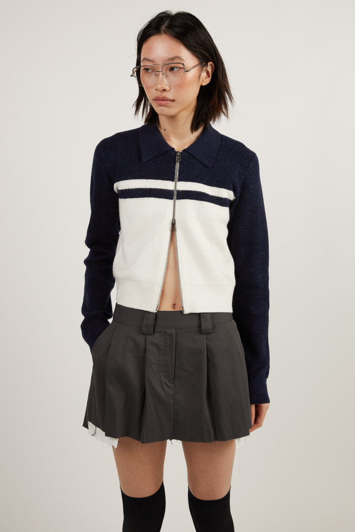 COLOUR BLOCK ZIP CARDIGAN in Cream Navy Blazer — alternate angle