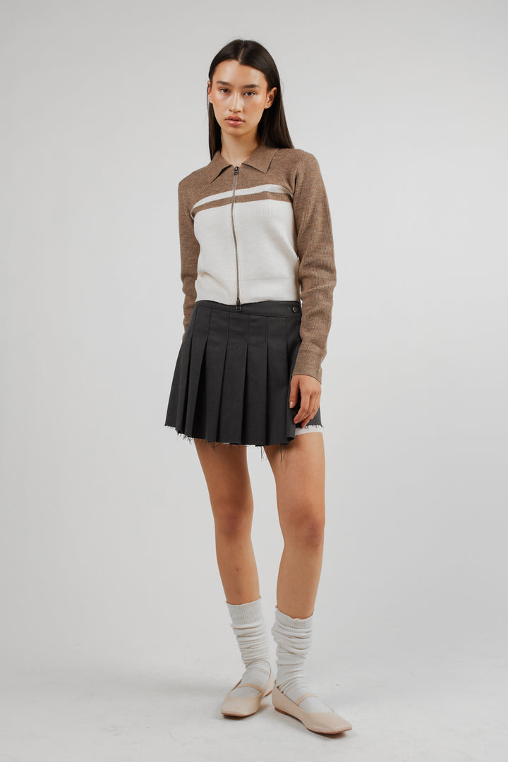 COLOUR BLOCK ZIP CARDIGAN in Oatmeal Taupe Grey — alternate angle
