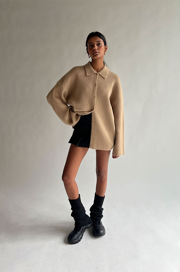 COLLARED RIB-KNIT CARDIGAN in Dark Beige — alternate angle