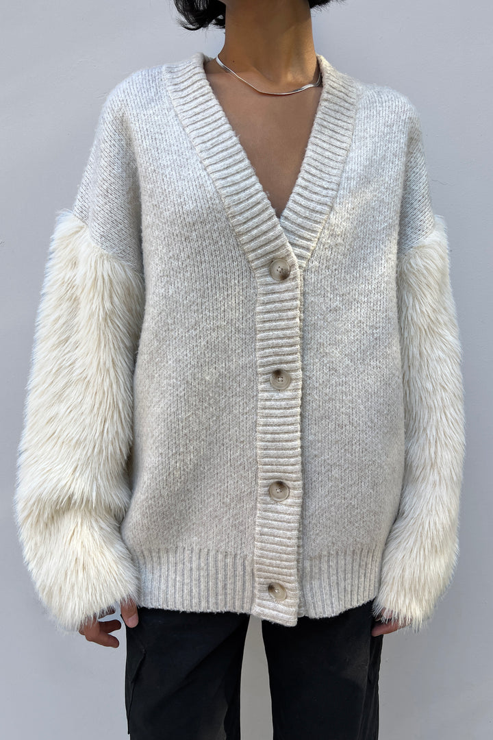FUZZY SLEEVE CARDIGAN in Oatmeal — alternate angle