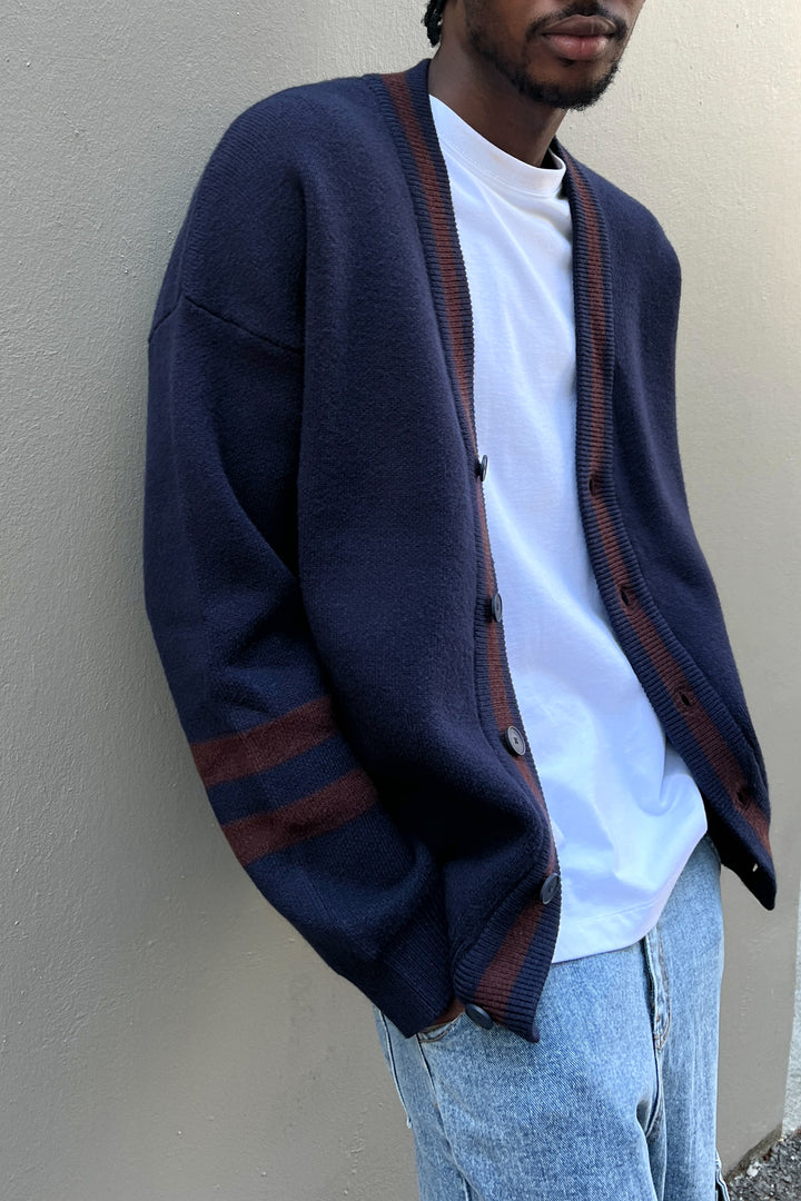 COLOUR BLOCK CARDIGAN in Sky Captain Varsity — alternate angle