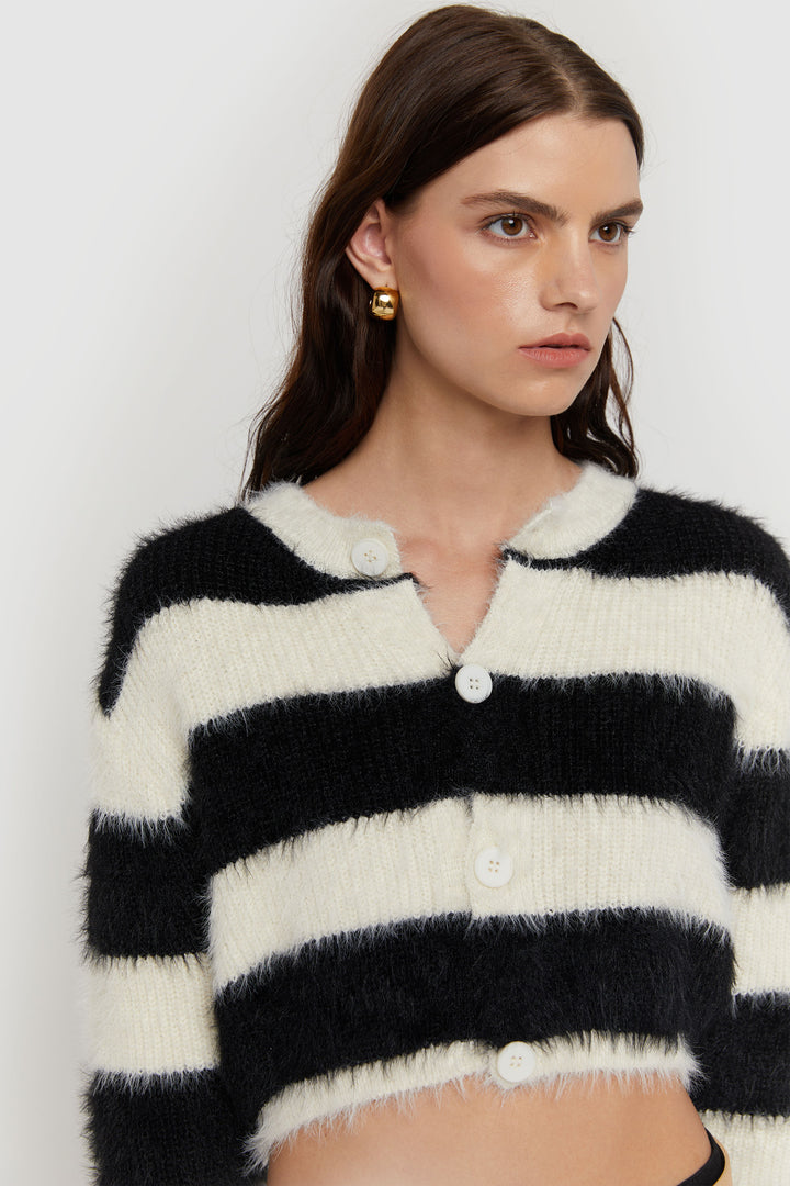 STRIPED FUZZY CARDIGAN in Black stripe — alternate angle