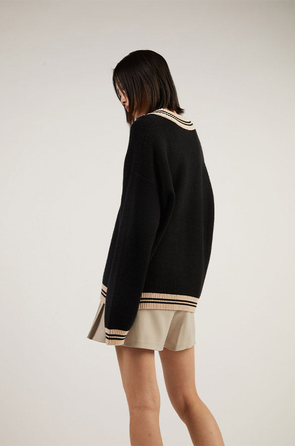 OVERSIZED VARSITY BUTTON UP CARDIGAN in Black Birch — alternate angle