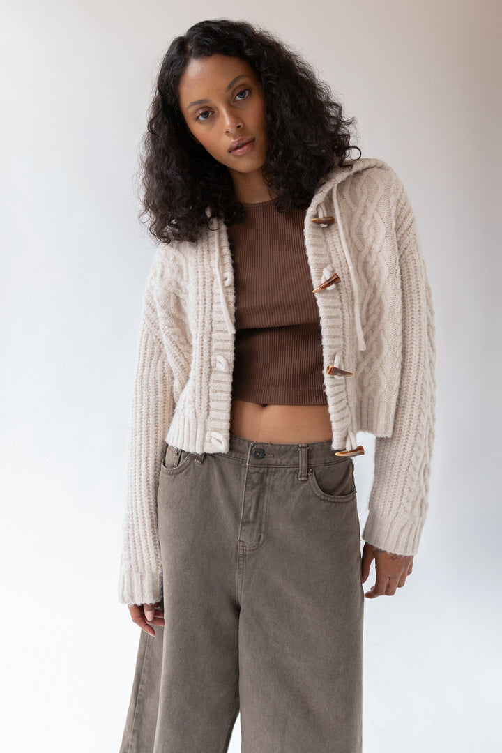 CABLE KNIT HOODED CARDIGAN WITH TOGGLE CLOSURE in Oatmeal — alternate angle