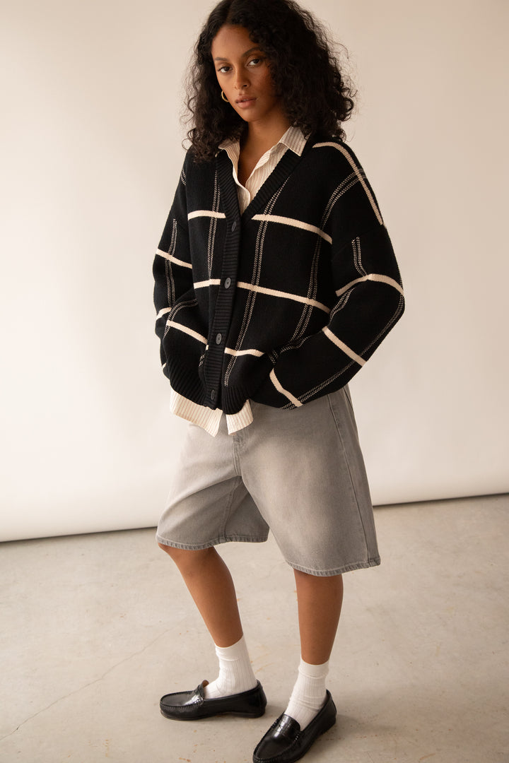 OVERSIZED GRID BUTTON FRONT CARDIGAN