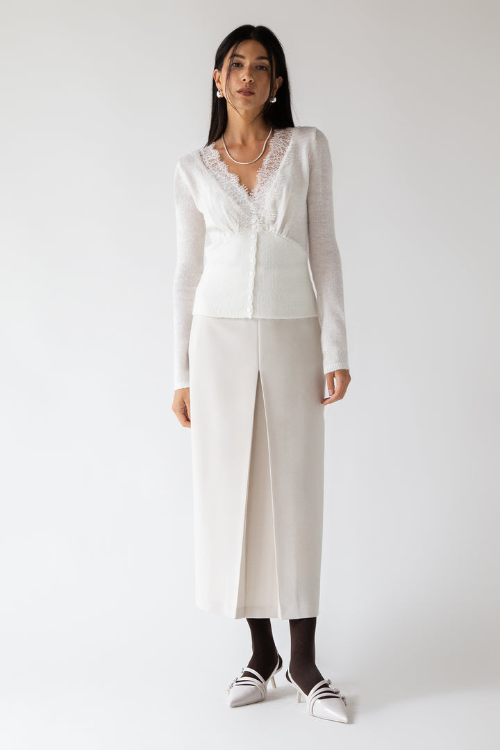 V-NECK LACE TRIM BUTTON FRONT CARDIGAN in Cream — alternate angle