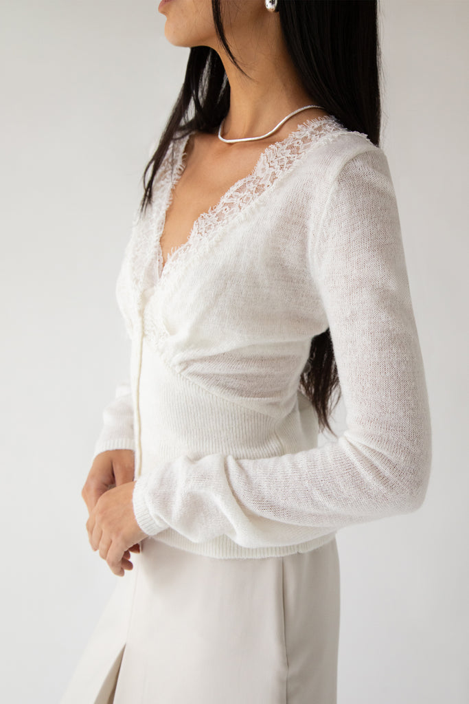 V-NECK LACE TRIM BUTTON FRONT CARDIGAN V-NECK LACE TRIM BUTTON FRONT CARDIGAN