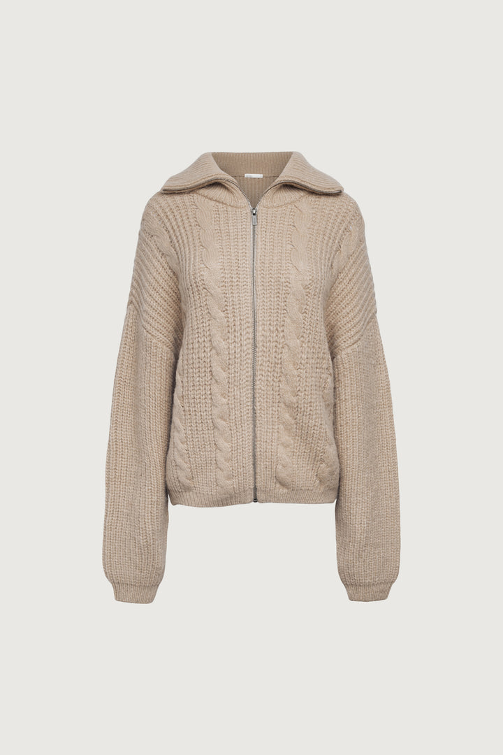 CABLE KNIT COLLARED CARDIGAN