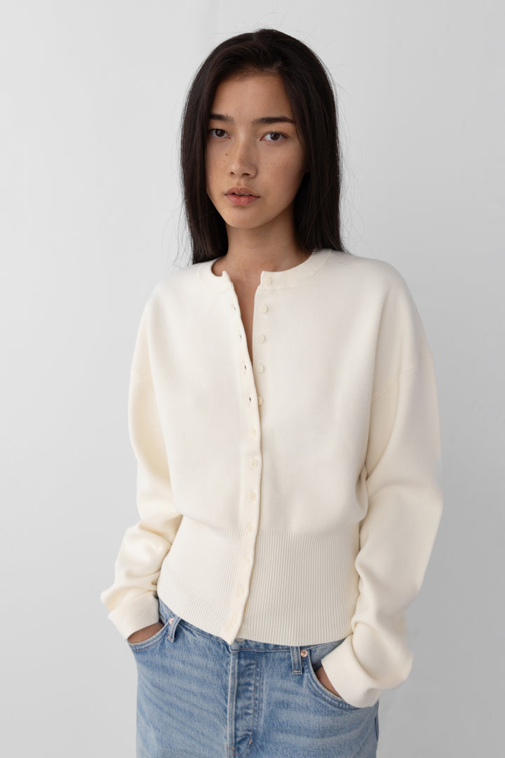 CINCHED WAIST BUTTON FRONT CARDIGAN in Cream — alternate angle
