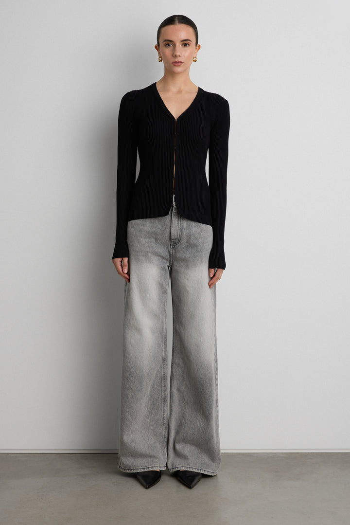 RIBBED HOOK AND EYE FRONT CARDIGAN in Black — alternate angle