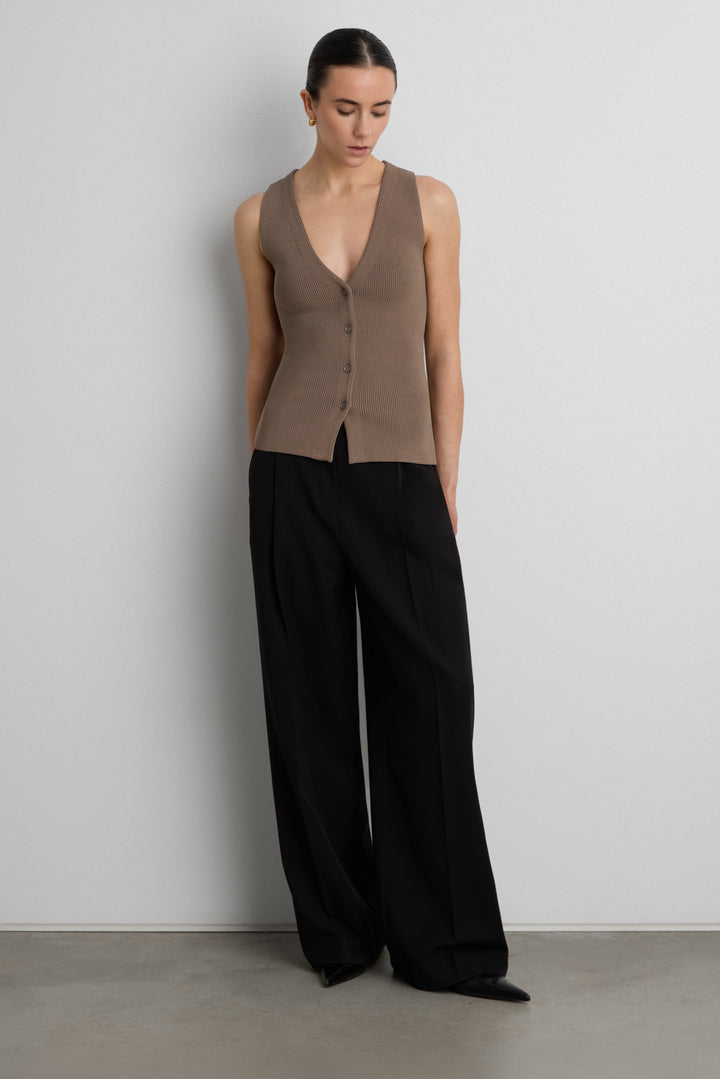 SLEEVELESS BUTTON FRONT KNIT TOP in Brindle — alternate angle