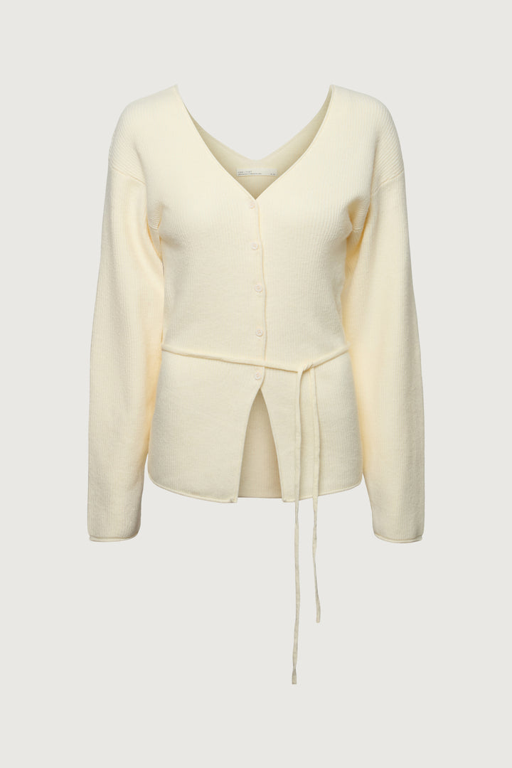 V-NECKLINE CARDIGAN WITH WAIST TIE in Ivory — alternate angle