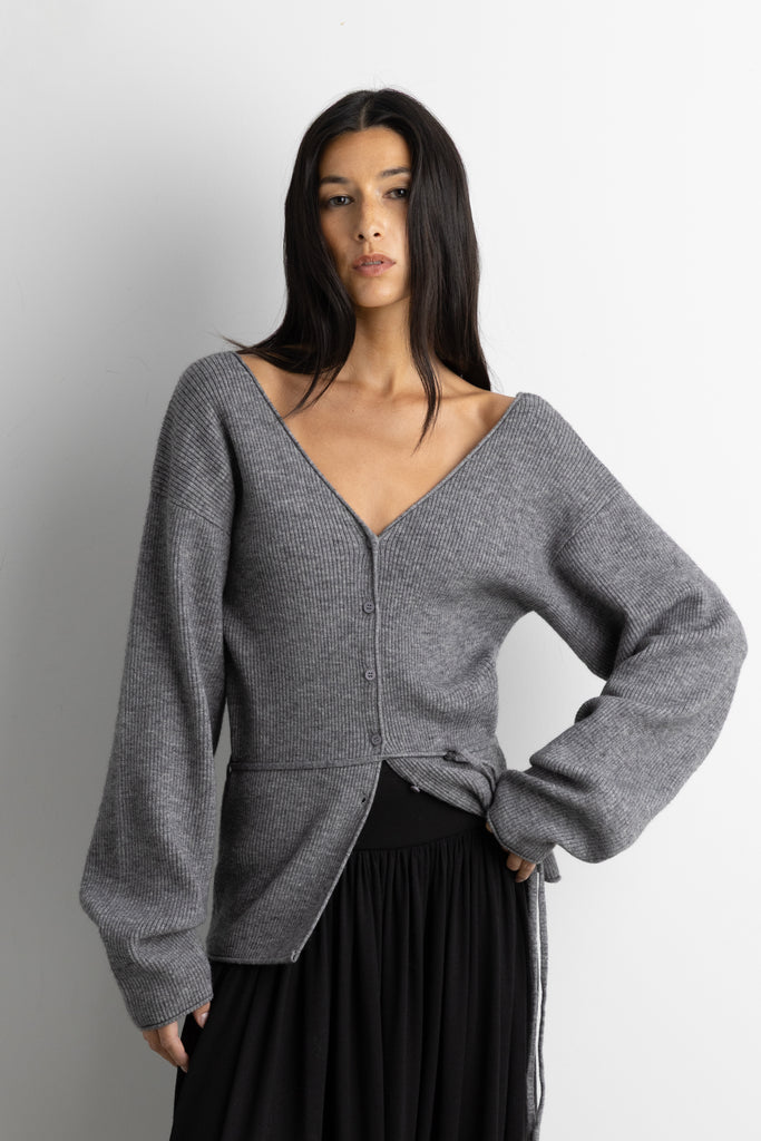 V-Neckline Sweater with Waist Tie | OAK + FORT – OAK + FORT USA