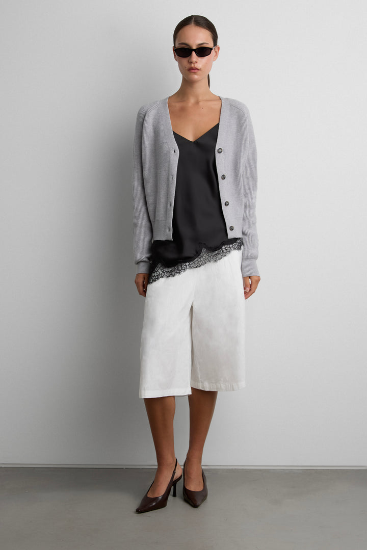 V-NECK BUTTON UP CARDIGAN in Medium Heather Grey — alternate angle