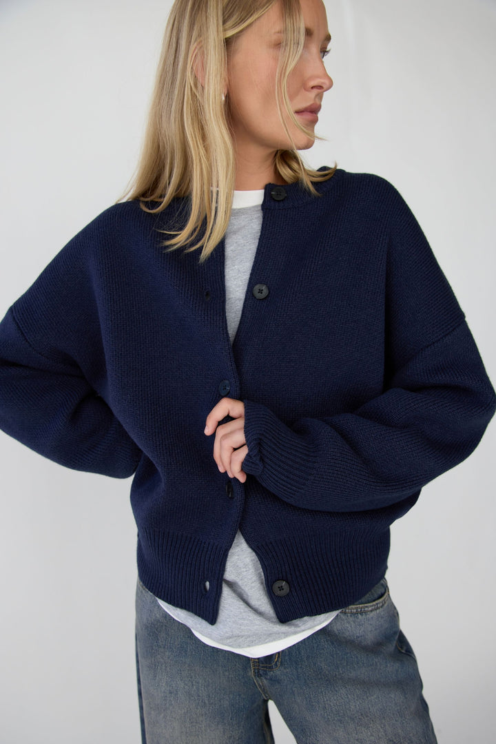 THICK KNIT BUTTON FRONT CARDIGAN in Navy Blazer — alternate angle