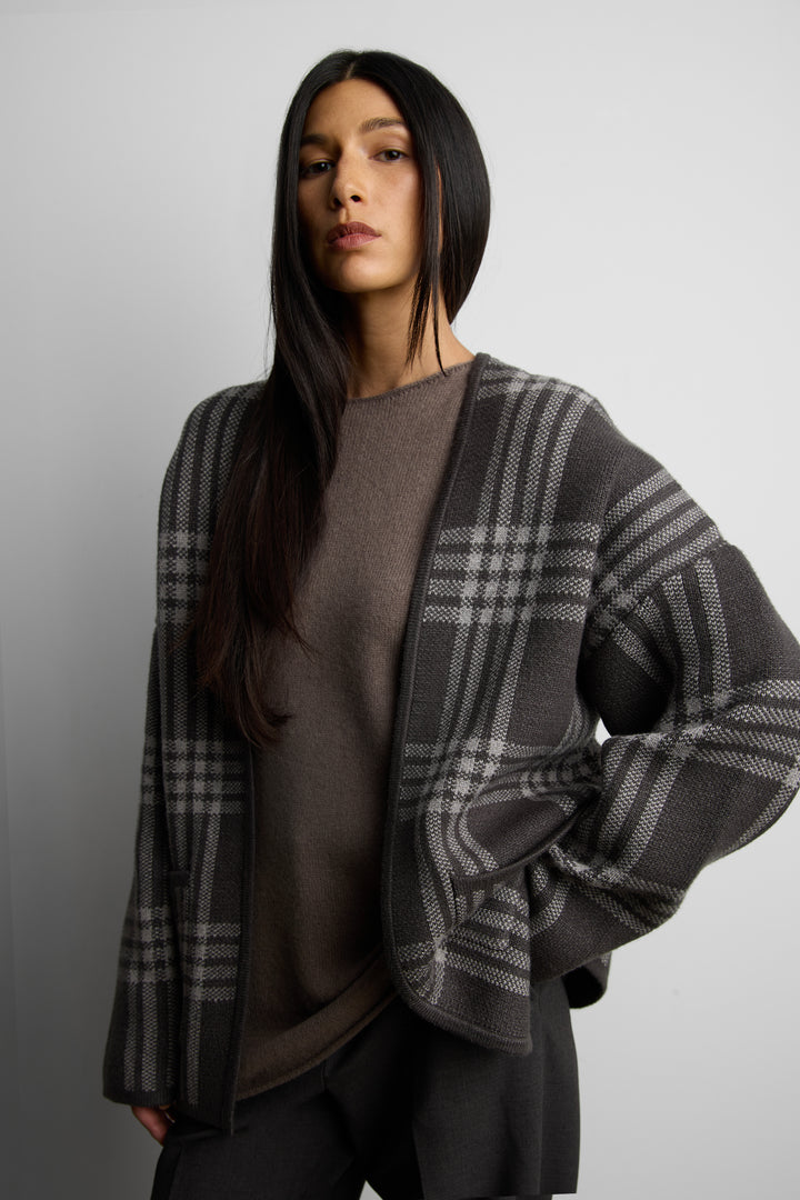 OPEN FRONT PLAID CARDIGAN in CHARCOAL PLAID — alternate angle