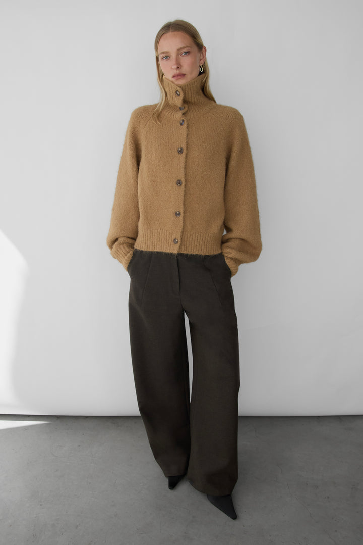MOCKNECK BUTTON FRONT CARDIGAN in Dark Beige — alternate angle