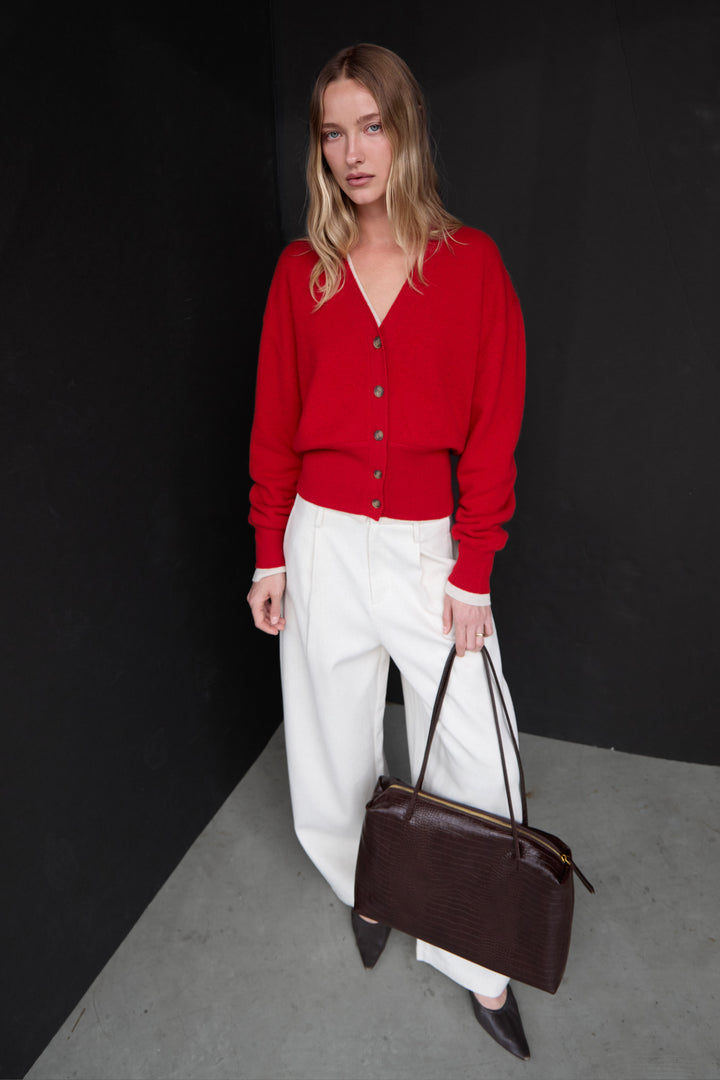 100% CASHMERE BUTTON UP CARDIGAN in Crimson — alternate angle