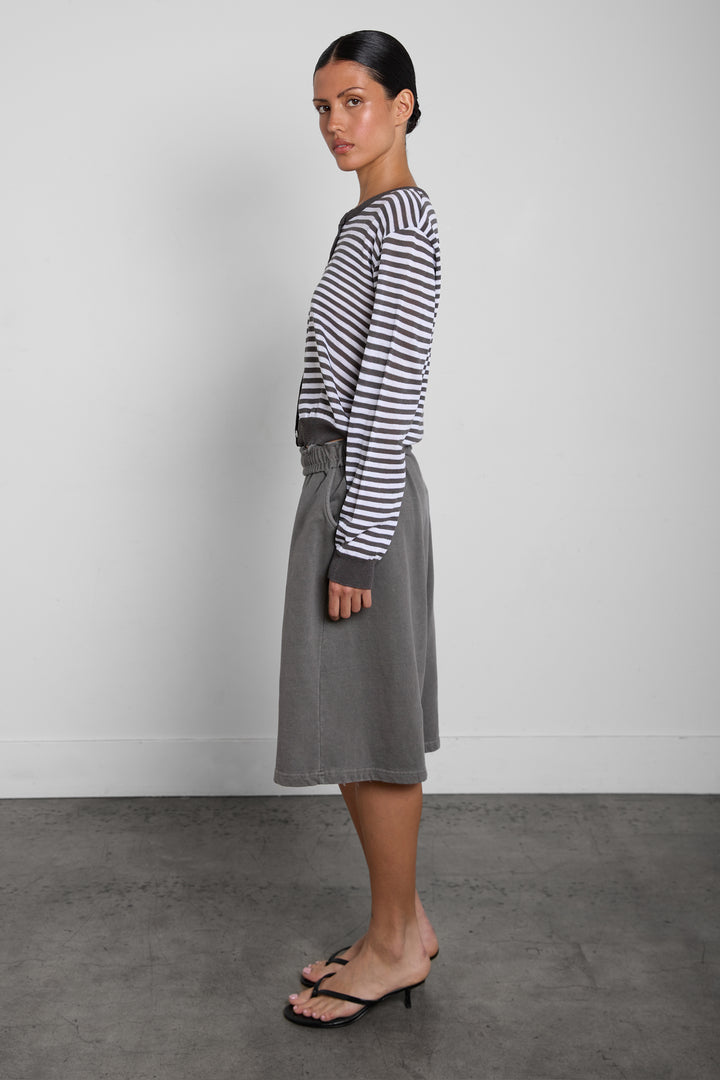 STRIPED ROUND NECK CARDIGAN in Charcoal — alternate angle