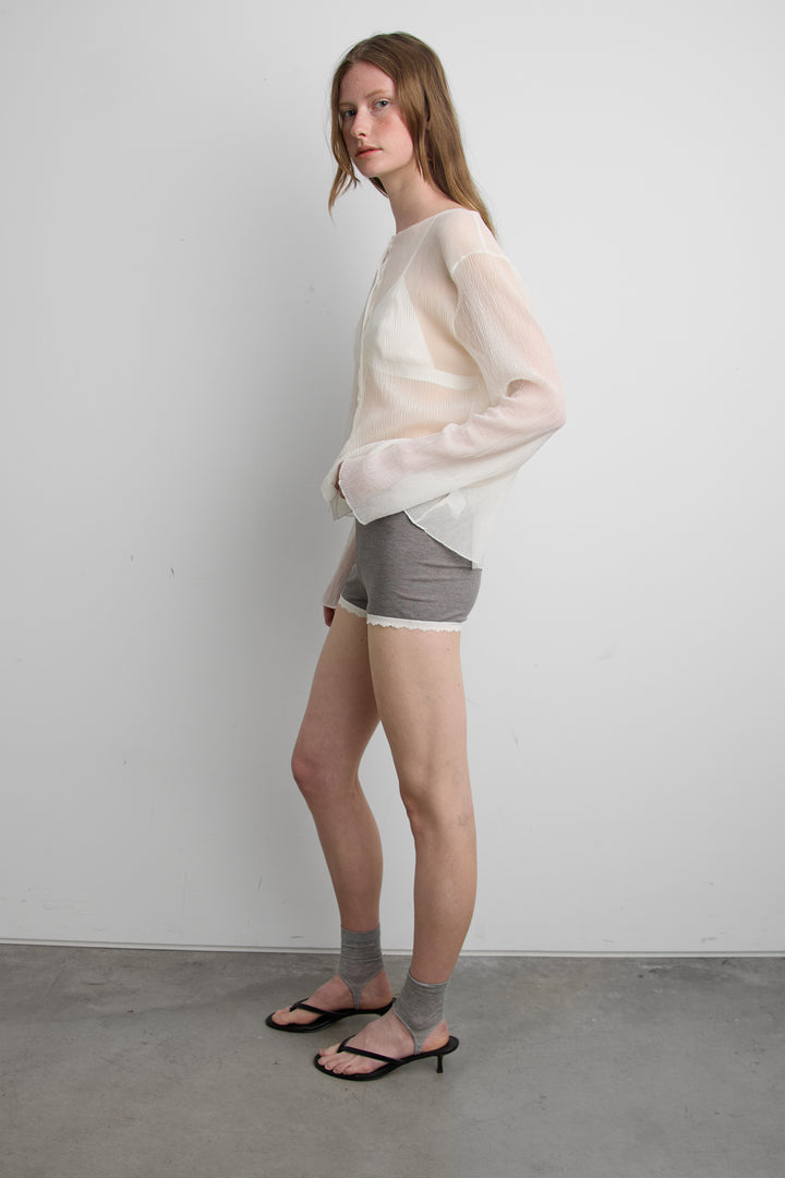 SHEER CRINKLE EFFECT BUTTON-UP CARDIGAN in Ivory — alternate angle