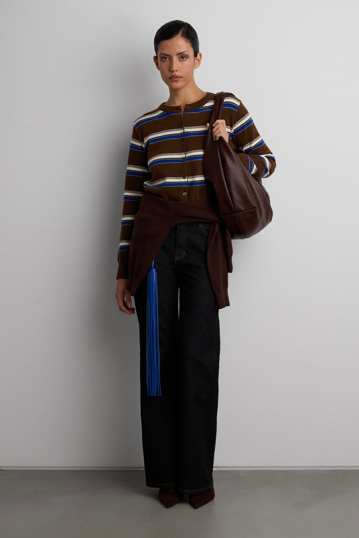STRIPED CREWNECK BUTTON-UP CARDIGAN in Brown — alternate angle