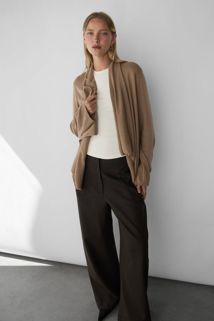 DRAPED OPEN FRONT CARDIGAN in Beige — alternate angle
