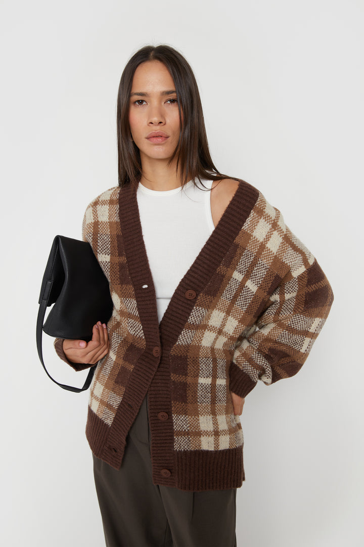 FUZZY OVERSIZED PLAID CARDIGAN in Fudge Plaid — alternate angle