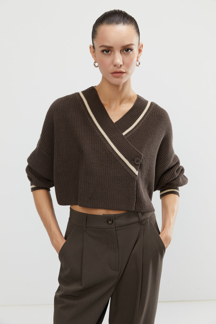 VARSITY CARDIGAN in Brown Cashmere — alternate angle