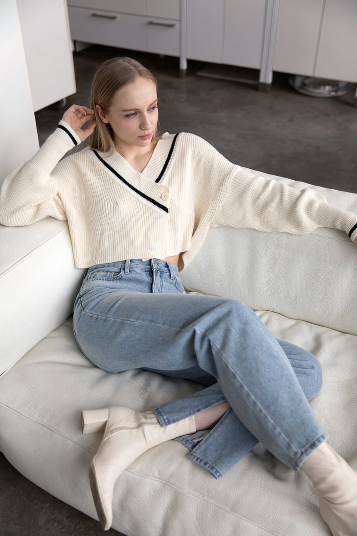 VARSITY CARDIGAN in Black White Swan — alternate angle