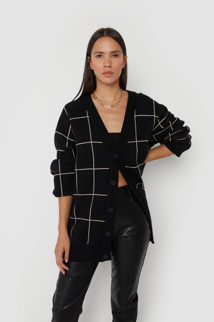 GRID CARDIGAN in Black Oatmeal Grid — alternate angle