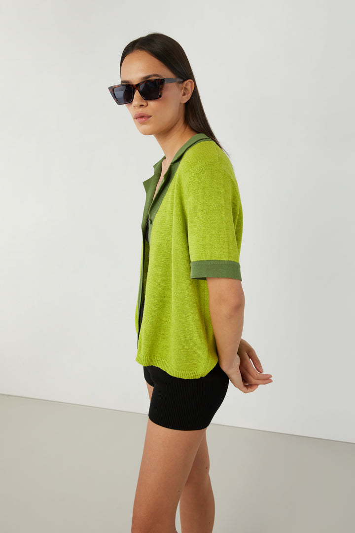 KNIT COLOUR BLOCK BUTTON UP in Lime Moss — alternate angle