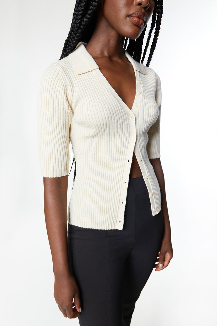 RIB-KNIT COLLARED BUTTON UP in Whitecap Grey — alternate angle