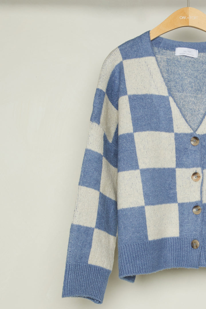 CHECKERED BUTTON FRONT CARDIGAN in Blue Checker — alternate angle
