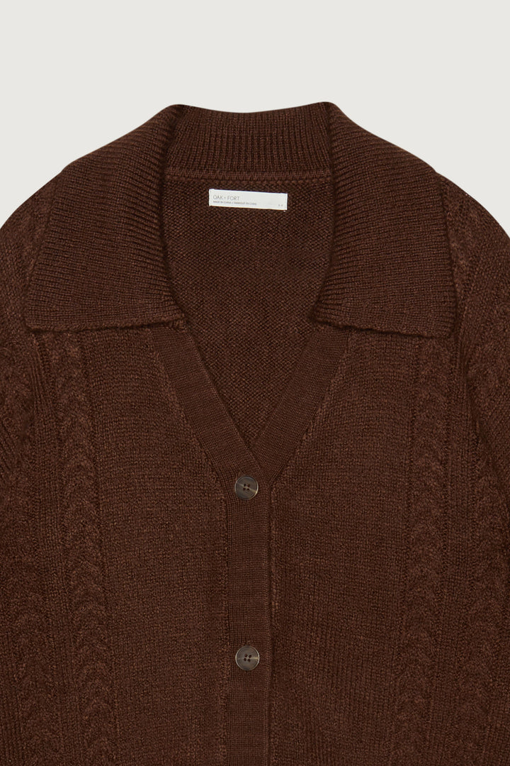 CABLE KNIT BUTTON UP CARDIGAN in Chocolate Fondant — alternate angle