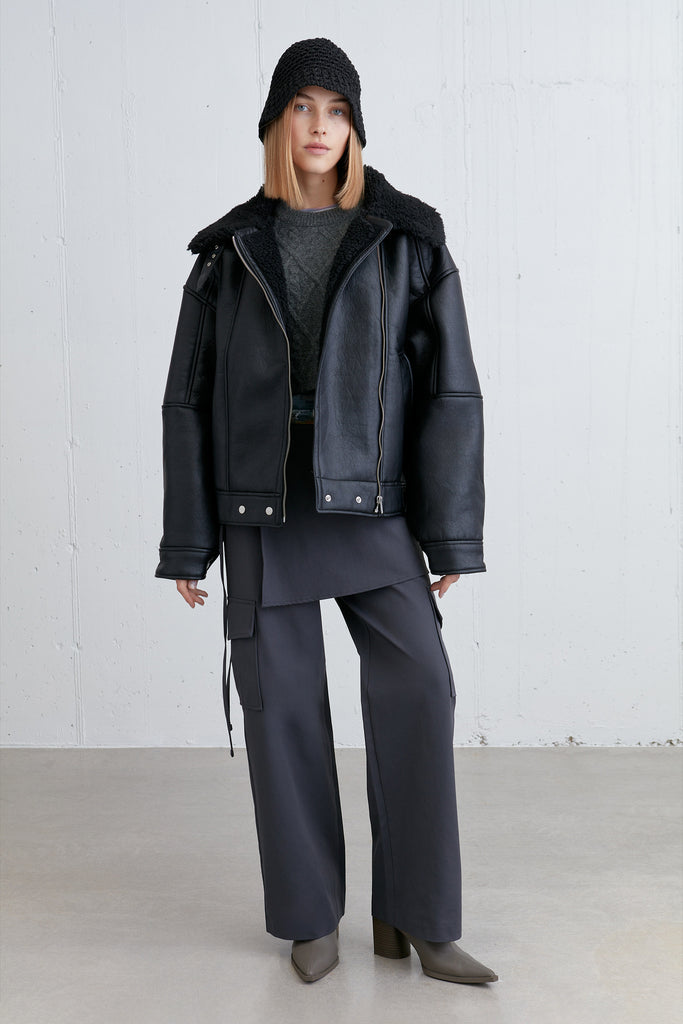 Oversized Sherpa-Lined 2024 Vegan Leather Coat