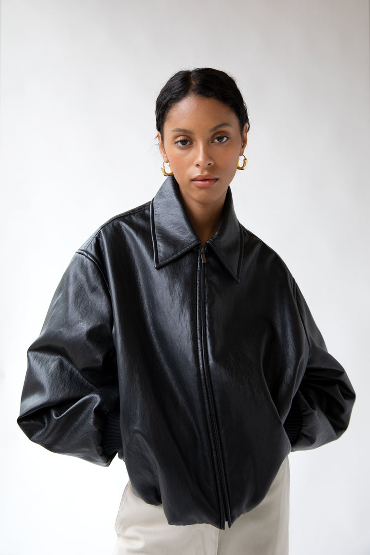 VEGAN LEATHER BUBBLE HEM BOMBER JACKET in Black — alternate angle