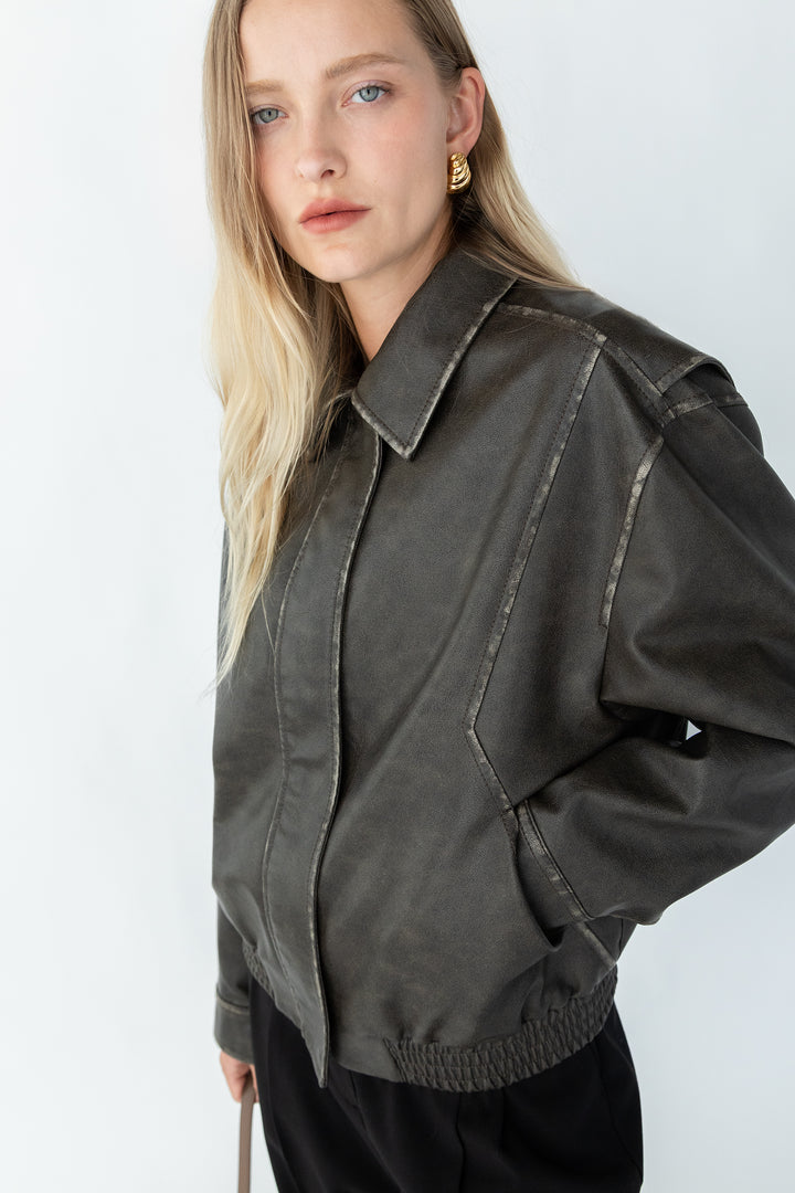 VINTAGE INSPIRED VEGAN LEATHER BOMBER JACKET