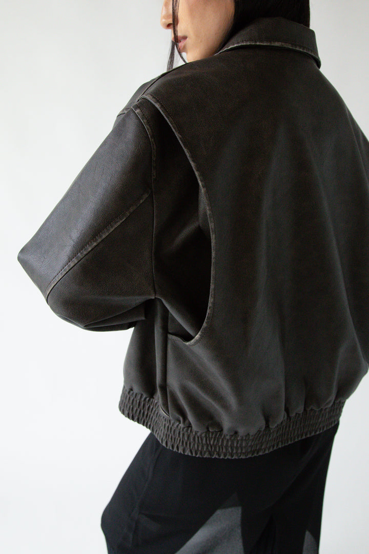 VINTAGE INSPIRED VEGAN LEATHER BOMBER JACKET