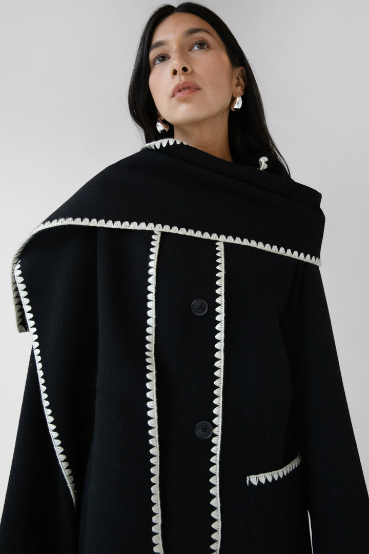 WOOL-BLEND CONTRAST STITCH SCARF JACKE in Black — alternate angle