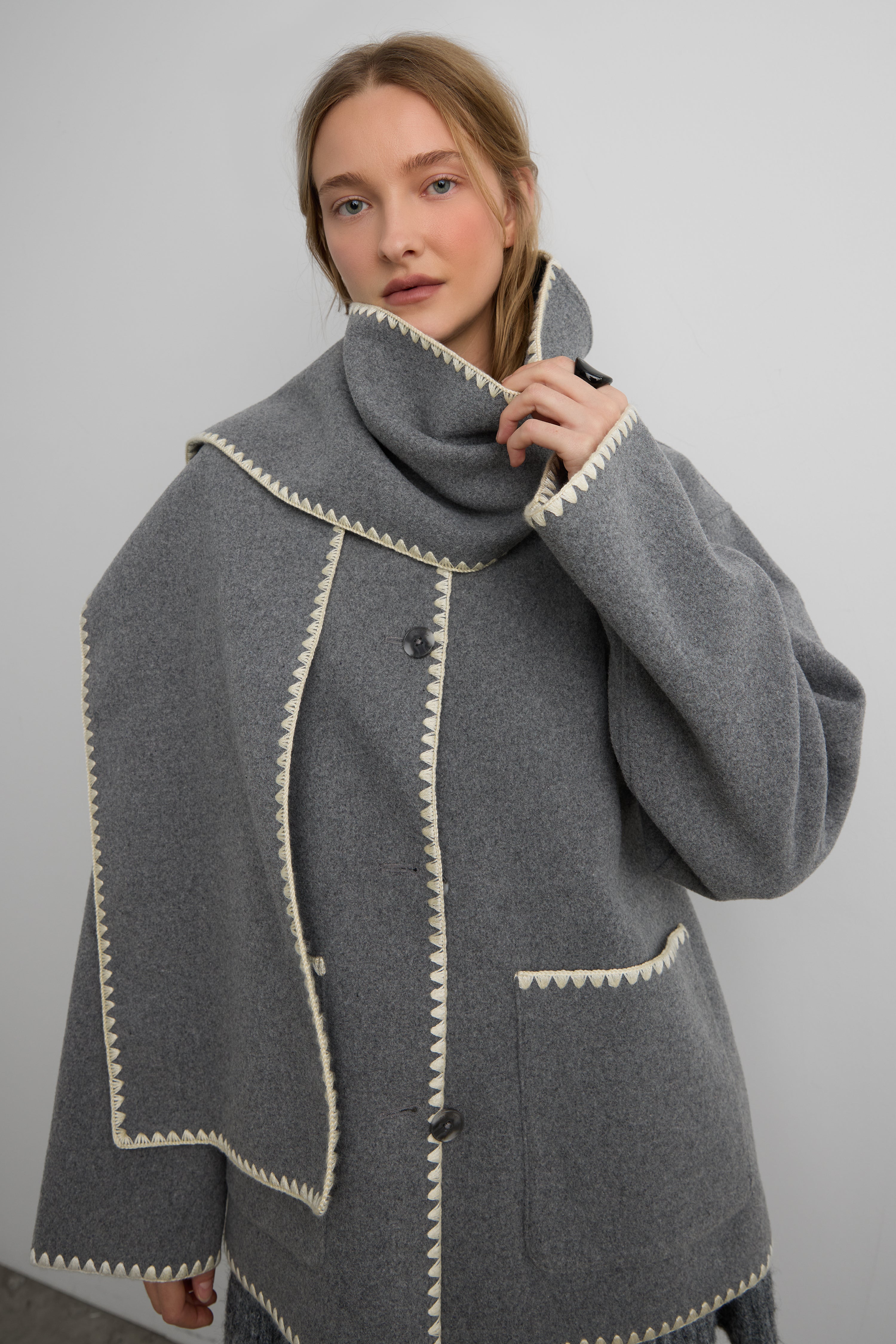 Wool-Blend Contrast Stitch Scarf Jacket| OAK + FORT – OAK + FORT USA