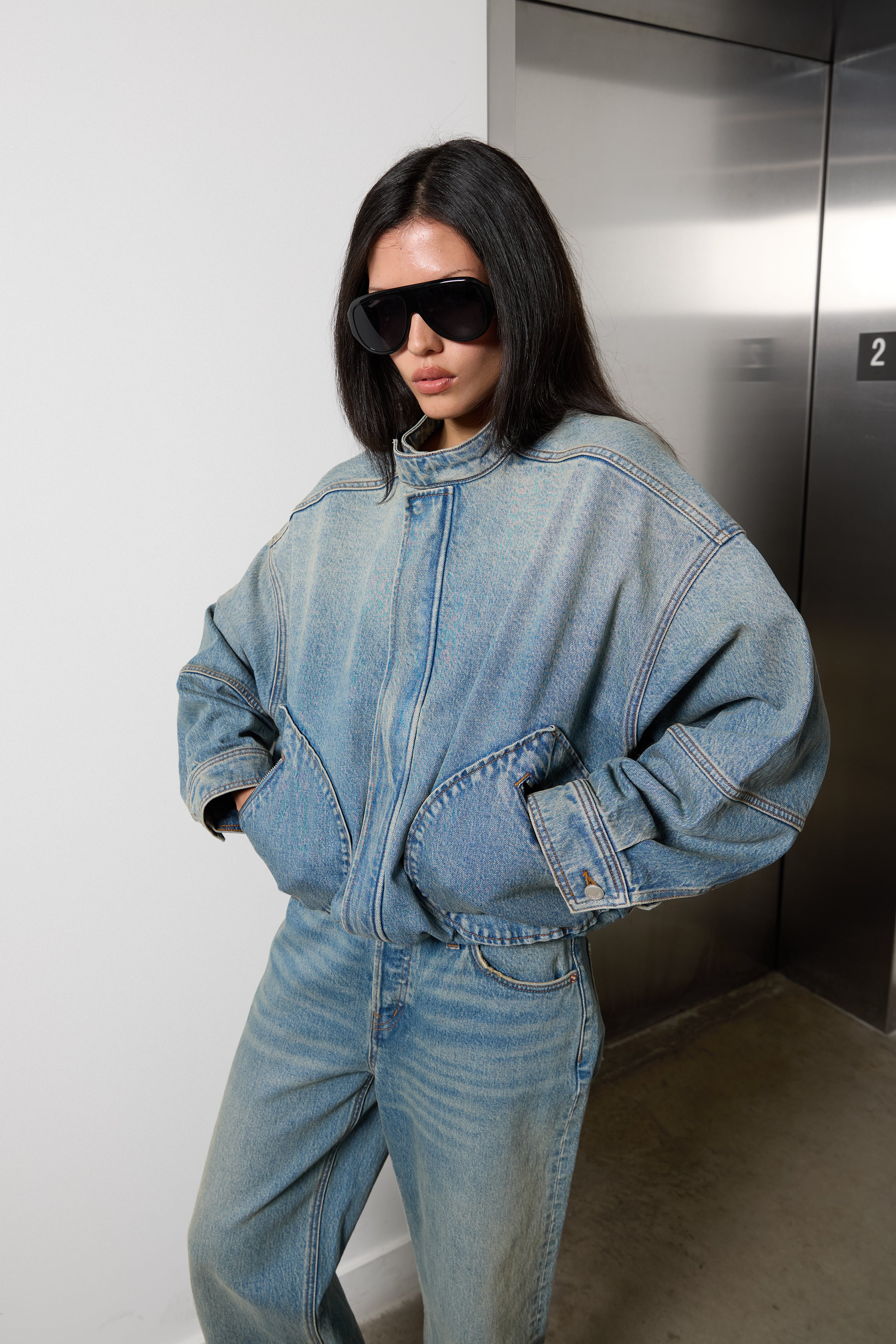 Denim Moto Bomber Jacket | OAK + FORT – OAK + FORT USA