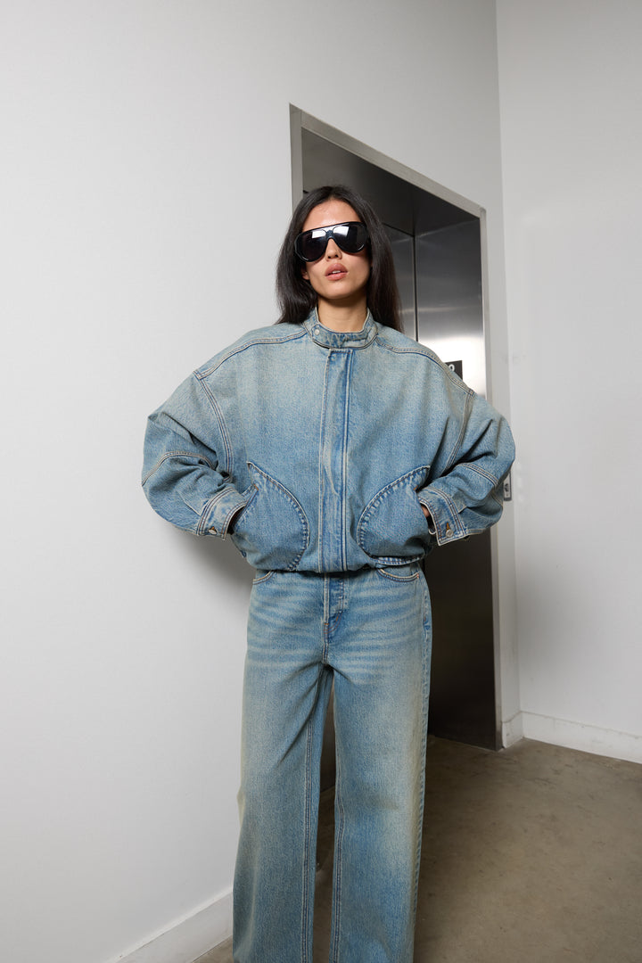 DENIM MOTO BOMBER JACKET in Green Cast Medium Wash — alternate angle