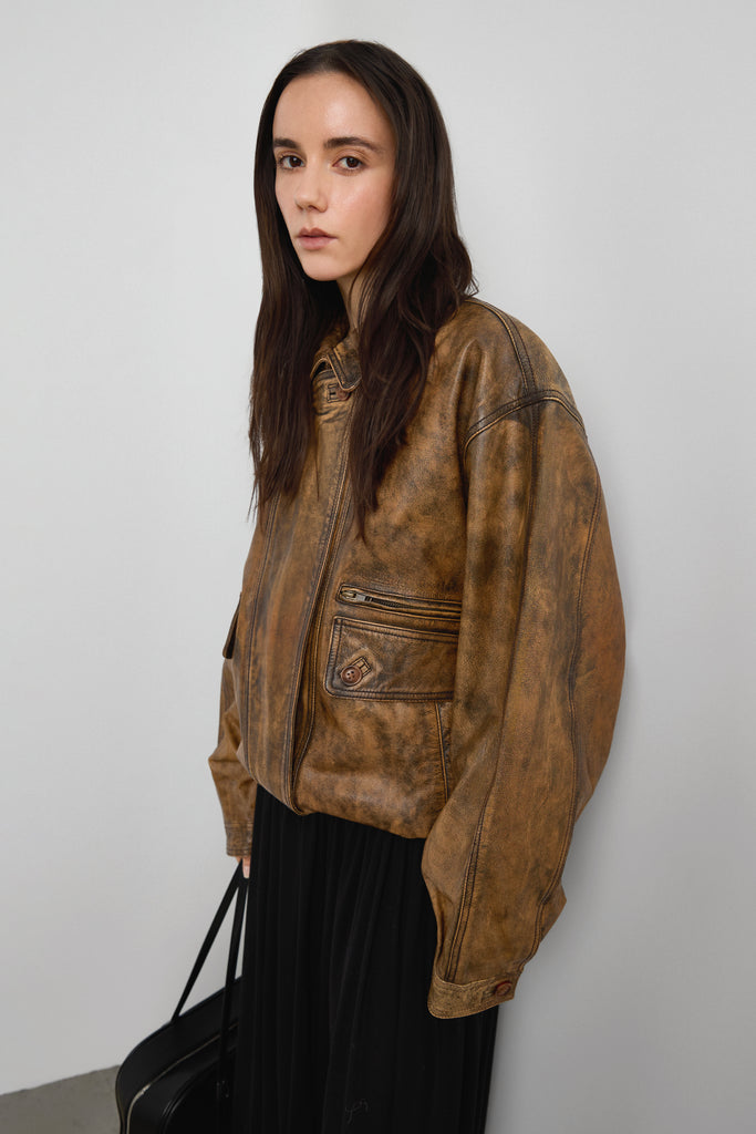 Genuine Leather Brown Distressed Bomber Jacket | OAK + FORT – OAK